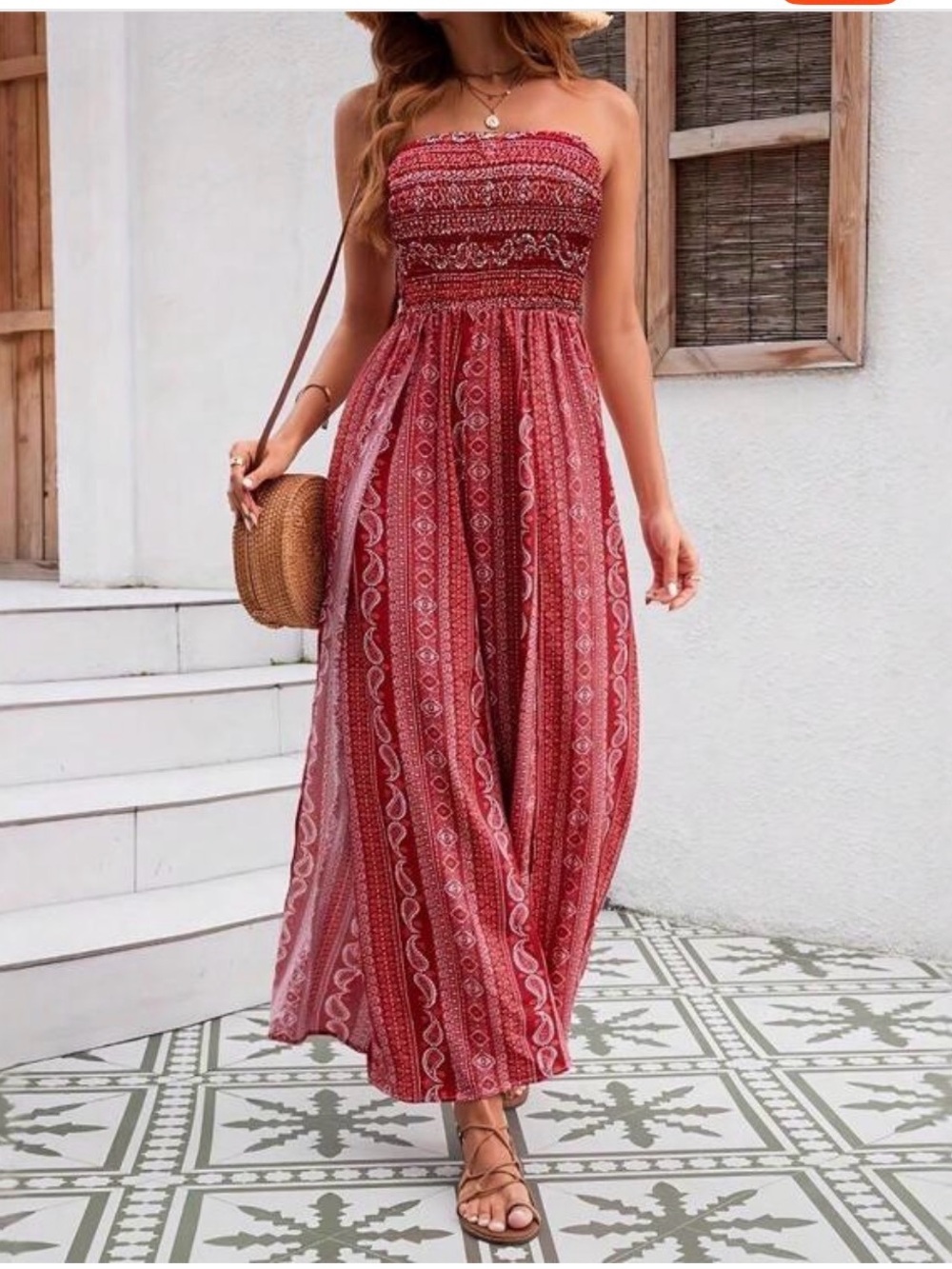 Strapless Red Boho Maxi Dress
